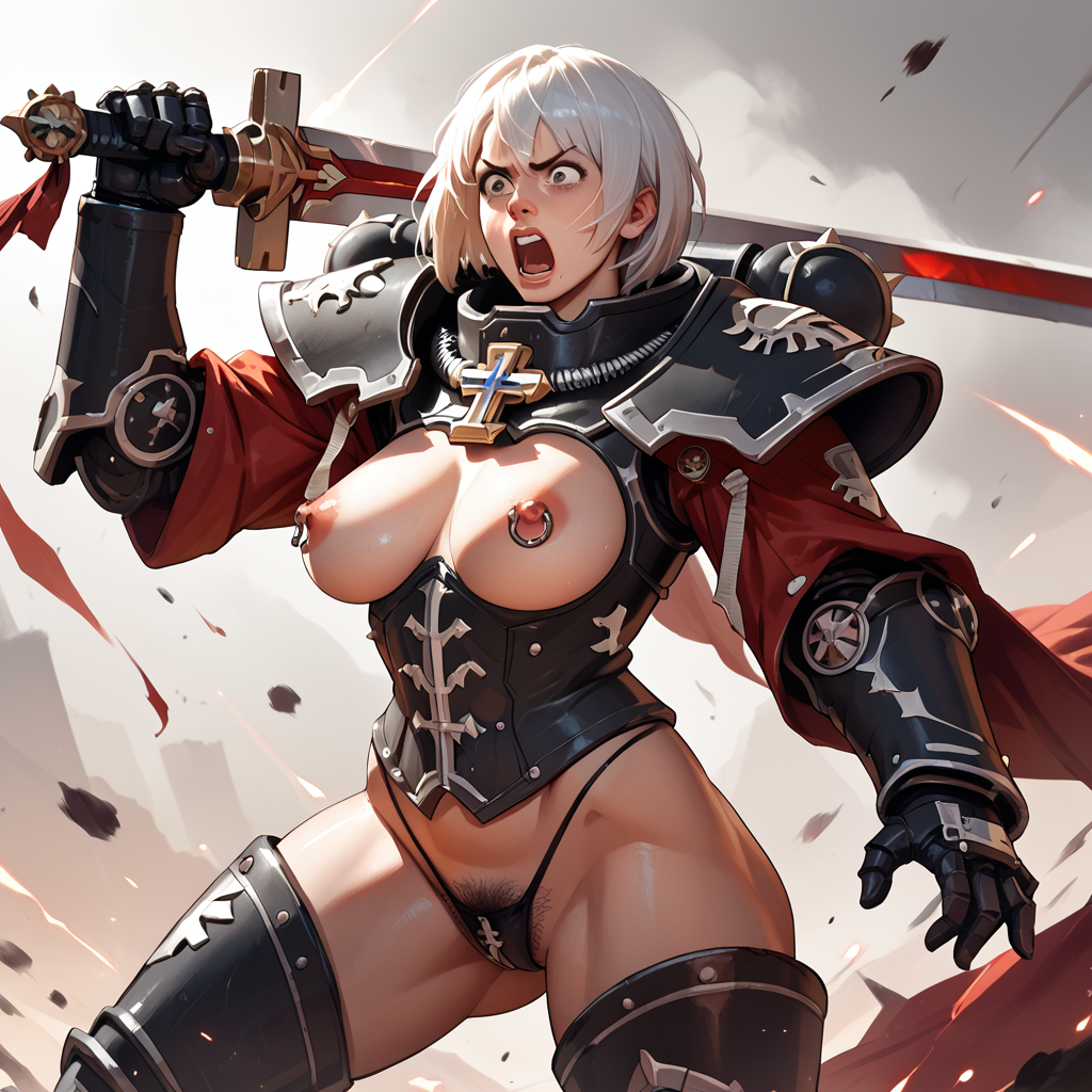 adepta_sororitas ai_generated angry_face exposed_breasts fighting_stance nipple_piercing power_armor pubic_hair sister_of_battle thong warhammer_(franchise) warhammer_40k