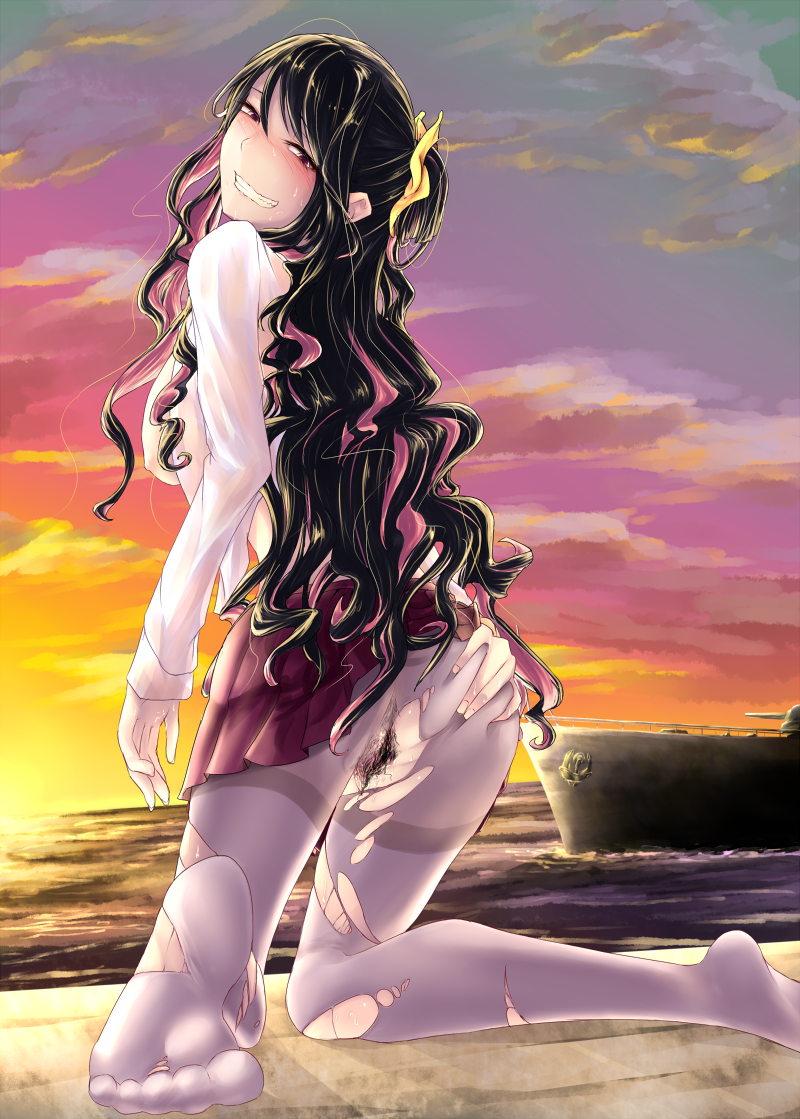 ass ass_grab back_view black_hair blush breasts cloud color curly_hair destroyer evening feet female grabbing_own_ass grin hair_ribbon head_tilt kanjo_joki kantai_collection kneeling long_hair long_sleeves looking_back multicolored_hair naganami_(kantai_collection) nipples no_panties ocean open_clothes open_shirt pantyhose pink_hair pleated_skirt pubic_hair purple_legwear purple_skirt ribbon see-through ship shirt shore sideboob skirt sky smile solo torn_clothes torn_pantyhose very_long_hair water wet wet_clothes wet_shirt white_shirt