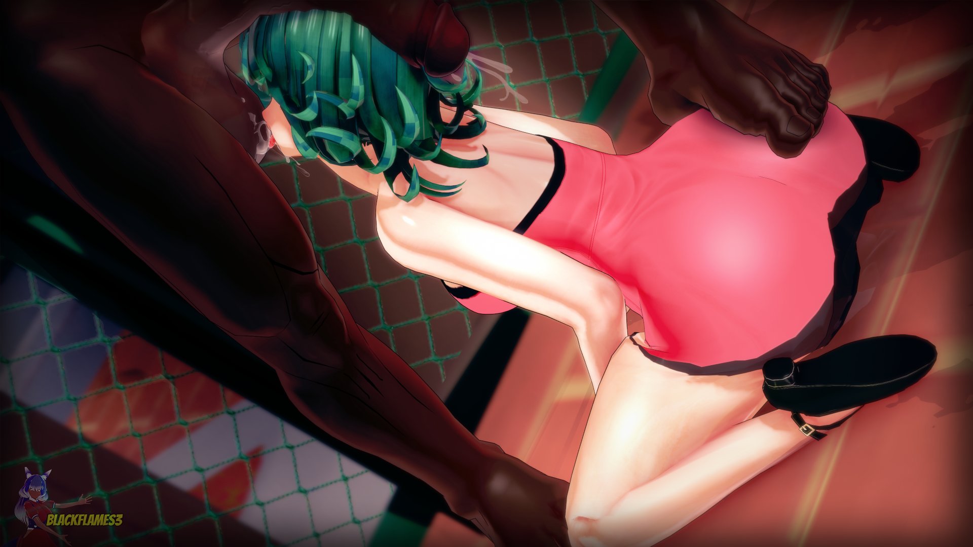 1boy, 1girls, 3d, ass, balls, big ass, blackflames3, bottom heavy, dark skin, dark-skinned male, female, green eyes, green hair, huge ass, interracial, licking balls, light skin, light-skinned female, male, maledom, one-punch man, penis, petite, petite female, tatsumaki