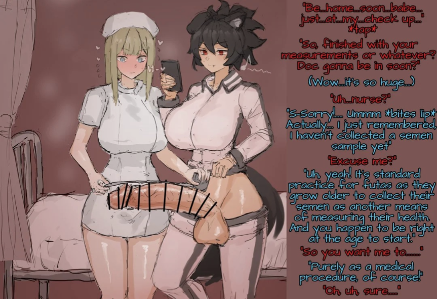 1futa 1girls big_breasts big_penis black_hair blonde_hair breasts censored cheating cheating_girlfriend english english_text futa_on_female futanari hourglass_figure kemonomimi leggings measuring netorare nurse nurse_cap nurse_uniform penis penis_awe qesion size_talk tail text tricked veiny_penis wall_of_text wide_hips