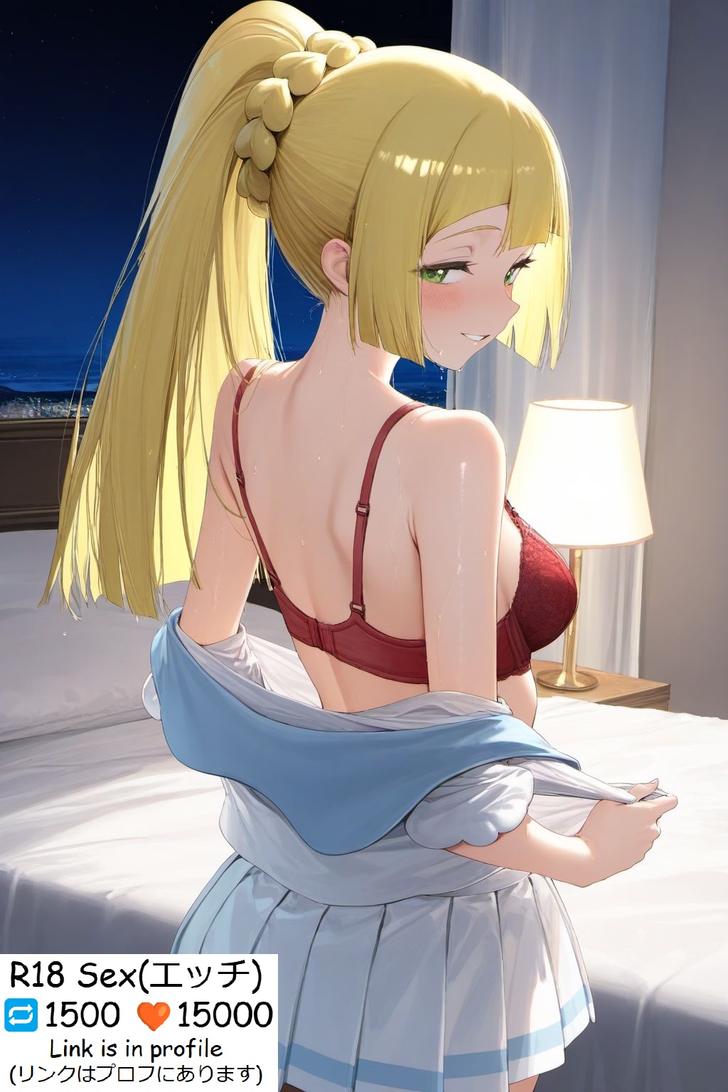 1girls ai_generated bed bed_sheet blonde_hair blush bra breasts game_freak green_eyes lamp lillie_(pokemon) looking_at_viewer nintendo pokemon pokemon_sm ponytail red_bra removing_clothing skirt sweat tail underwear window