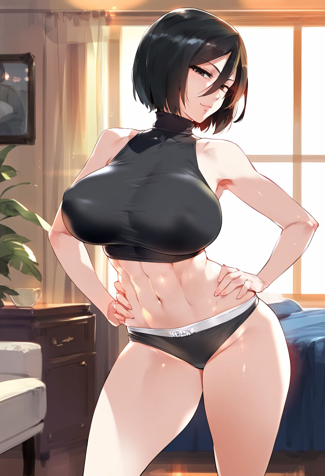 abs ai_generated attack_on_titan bare_shoulders comprehentai half-closed_eyes large_breasts mikasa_ackerman nipple_bulge panties shingeki_no_kyojin short_hair solo sports_bra thighs toned toned_female