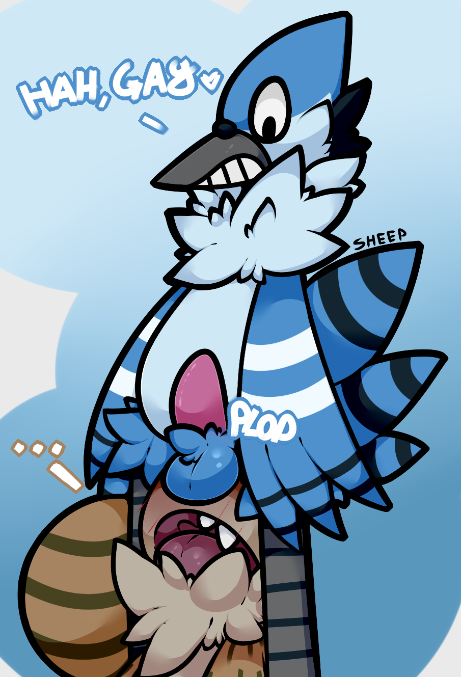 ... 2015 anthro avian balls beak bird blue_feathers blush brown_fur cartoon_network duo english_text erection fur gradient_background heart looking_down male male_only mammal mordecai neck_tuft open_mouth penis raccoon regular_show rigby sheep_(artist) stripes tapering_penis tea_bagging teeth text tongue tuft yaoi