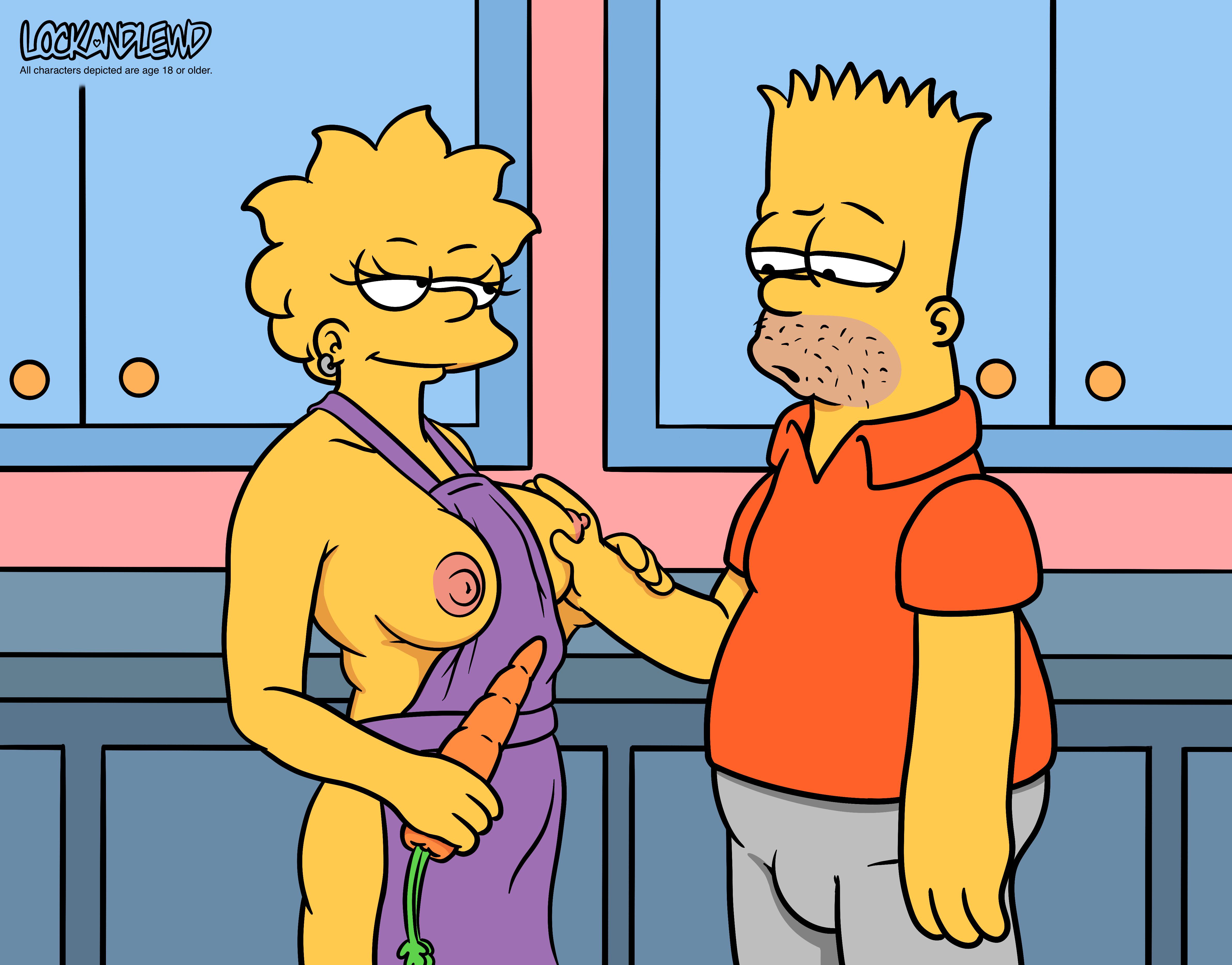 1boy, 1girls, 20th century fox, 20th century studios, aged up, apron, artist name, bart simpson, beard, breasts, brother and sister, carrot, clothing, duo, eyelashes, facial hair, female, grabbing breasts, hand on breast, human, incest, indoors, kitchen, lisa simpson, lockandlewd, looking at another, male, male/female, mammal, mature, mature female, mature male, nipples, orange shirt, purple apron, shirt, smiling, smiling at another, the simpsons, yellow skin