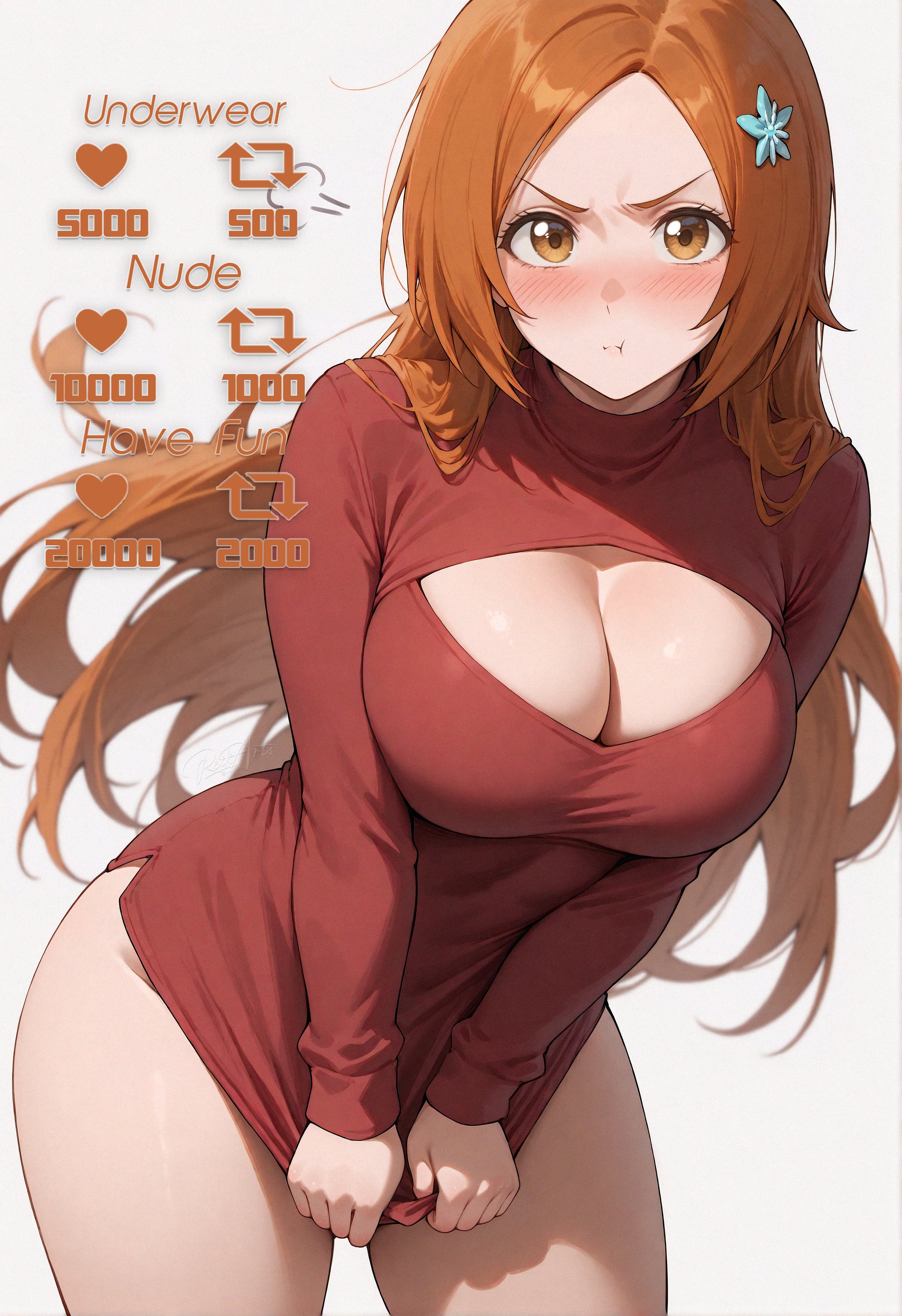 ai generated, bleach, breasts, female, female only, inoue orihime, nai diffusion, orange eyes, orange hair, reikarts, solo, stable diffusion