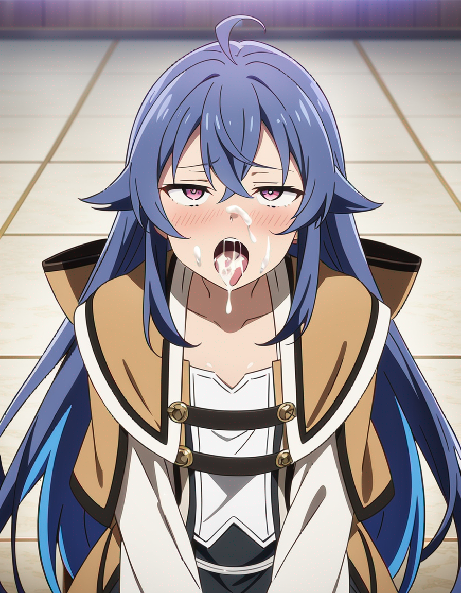 1girls ahe_gao ai_generated blue_hair cum cum_in_mouth cum_on_face cum_on_tongue morindar mushoku_tensei roxy_migurdia tongue tongue_out