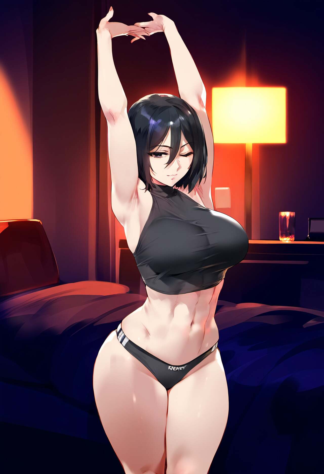 abs ai_generated arms_above_head arms_up attack_on_titan bare_shoulders bedroom comprehentai half-closed_eyes large_breasts mikasa_ackerman nipple_bulge panties shingeki_no_kyojin short_hair solo sports_bra stretching thighs toned toned_female