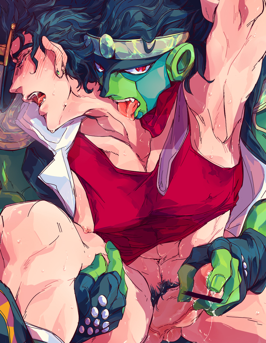 2boys arm_up armpit bar_censor black_hair blush censored del_(logicallogos) gay green_skin handjob humansub jojo's_bizarre_adventure jotaro_kujo licking male male_nipples multiple_boys penis pointless_censoring pubic_hair stand_(jjba) standcest star_platinum stardust_crusaders urethral_fingering urethral_insertion urethral_rubbing yaoi