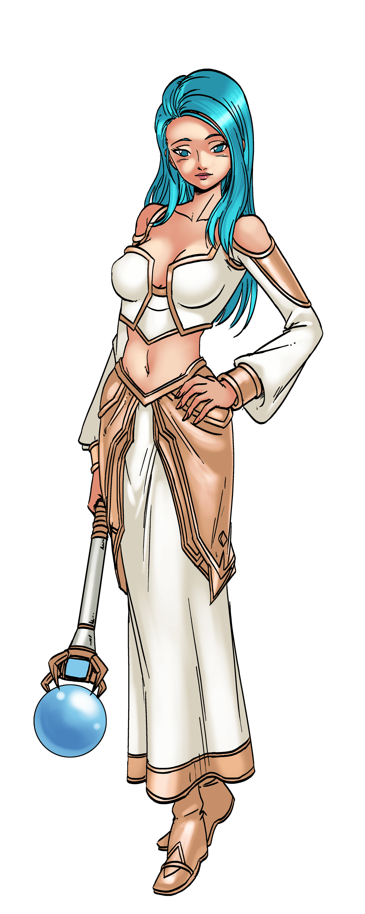 aqua_eyes aqua_hair arcana_(hentai_heroes) bare_shoulders blue_eyes blue_hair breasts cg cleavage crop_top detached_sleeves female full_body hand_on_own_hip hentai_heroes jaina_proudmoore large_breasts long_hair midriff navel official_art parody simple_background skirt solo staff white_background