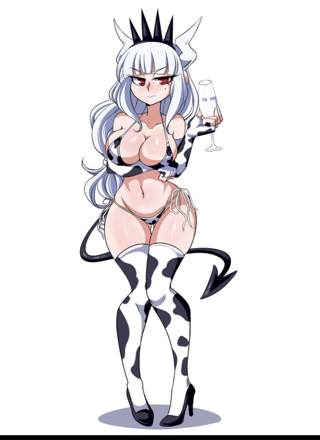 1girls big_breasts bikini breasts cow_print cow_print_armwear cow_print_bikini cow_print_thighhighs demon demon_girl demon_tail embarrassed female girly helltaker lucifer_(helltaker) lucyfercomic red_eyes solo thick_thighs thighhighs white_hair