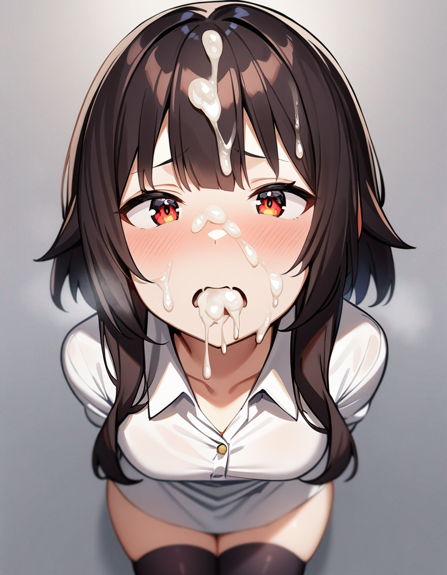 1girls ai_generated black_stockings brown_hair cum cum_in_mouth cum_on_face cum_on_hair kono_subarashii_sekai_ni_shukufuku_wo! megumin morindar open_mouth shirt small_breasts stockings white_shirt