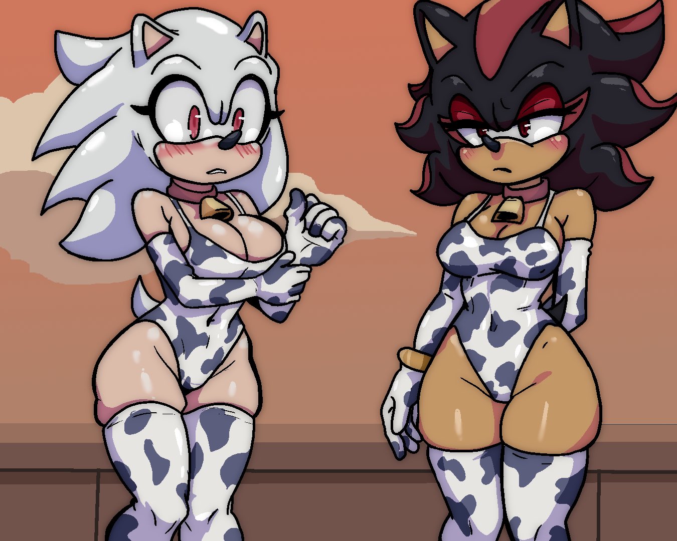 2girls, black hair, blue hair, broth nsfw, cow girl, cow girl outfit, duo, duo female, duo focus, female, female only, genderswap, genderswap (mtf), gloves, hedgehog, hedgehog girl, humanoid, leggings, legwear, leotard, rule 63, sega, shadow the hedgehog, silver the hedgehog, sonic (series), sonic the hedgehog, sonic the hedgehog (series), tagme