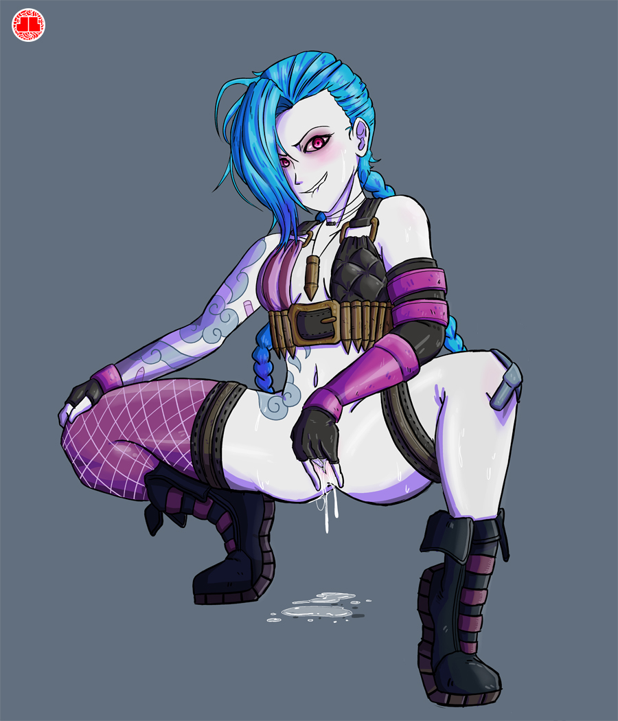 1girls, biting lip, blue hair, blush, boots, bottomless, braids, breasts, clothing, female, fingering, full body, gloves, hair over one eye, human, jinx (league of legends), jlullaby, league of legends, long hair, looking at viewer, manual, masturbation, necklace, partially clothed, pink eyes, pussy, pussy juice, pussy juice drip, small breasts, solo, spread legs, squatting, tattoo, thighhighs, vaginal, wet