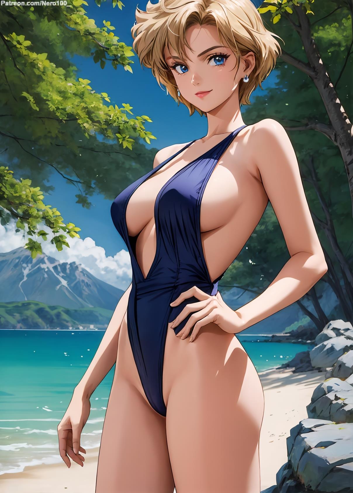 1girls 2d ai_generated athletic athletic_female beach belly big_breasts bishoujo_senshi_sailor_moon blonde_female blonde_hair blue_eyes breasts chest choker eyelashes eyeshadow female female_only fit fit_female focus haruka_tenou high_quality legs looking_at_viewer makeup mascara midriff naked nero100 one-piece_swimsuit sailor_uranus seductive seductive_look short_hair slingshot_swimsuit small_breasts stable_diffusion swimsuit swimwear tagme thighs