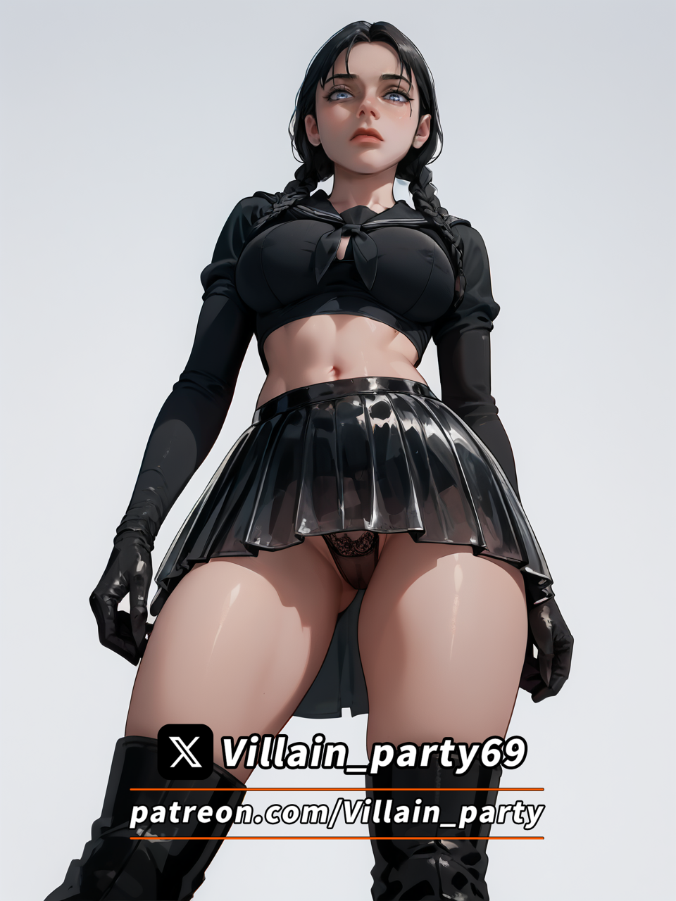 1girls, ai generated, black hair, boots, female, gloves, jenna ortega, miniskirt, the addams family, underwear, villain party69, wednesday addams