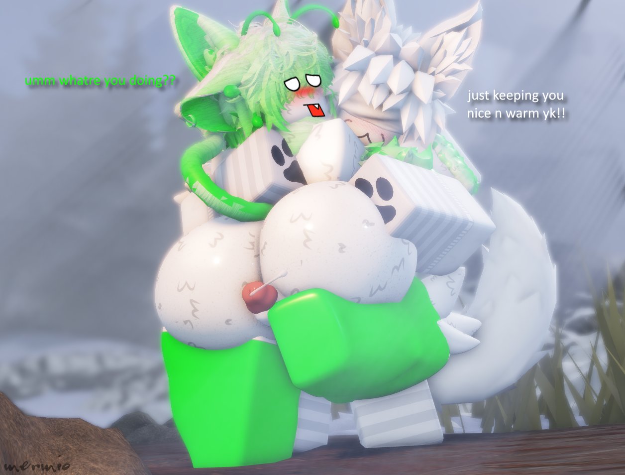 2boys 3d artist_name cuddling dialogue english_text gabbers gay grass huge_ass huge_cock male/male male_on_femboy male_only mermio mermio_(oc) outdoors roblox robloxian tagme text watermark znarpy_(gabbers)