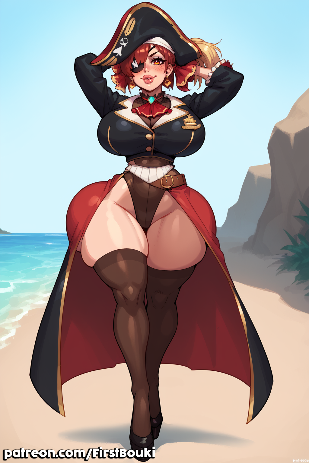 ai_generated beach bimbo_lips firstbouki hololive houshou_marine huge_ass huge_breasts huge_hips pirate pirate_girl red_eyes red_hair virtual_youtuber yellow_eyes