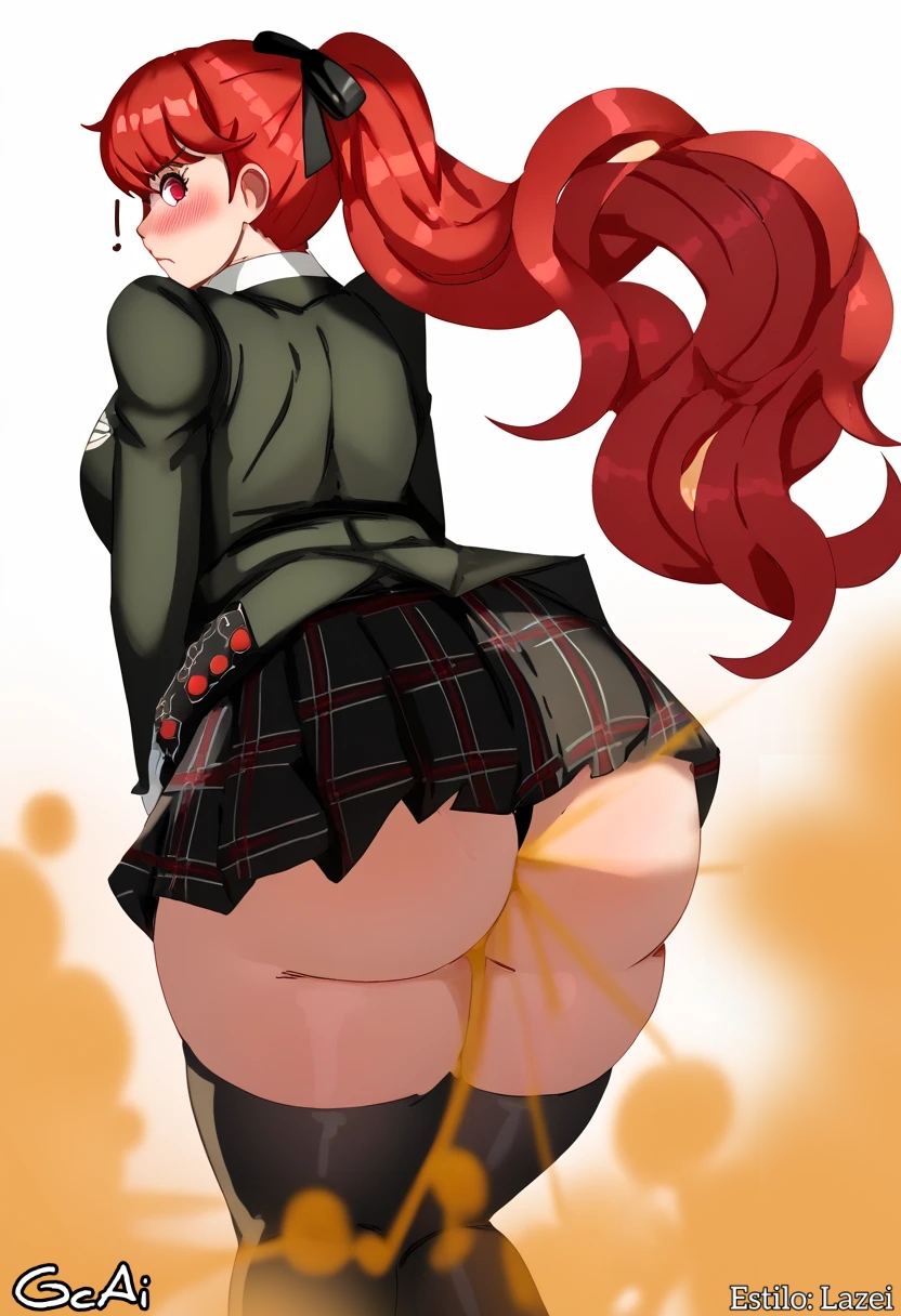 ai_generated ass ass_focus ass_up big_ass big_butt blush butt embarrassed embarrassed_female fart fart_cloud fart_fetish farting female female_focus gcai kasumi_yoshizawa lazei_ai lazei_style persona_5 red_hair skirt uniform