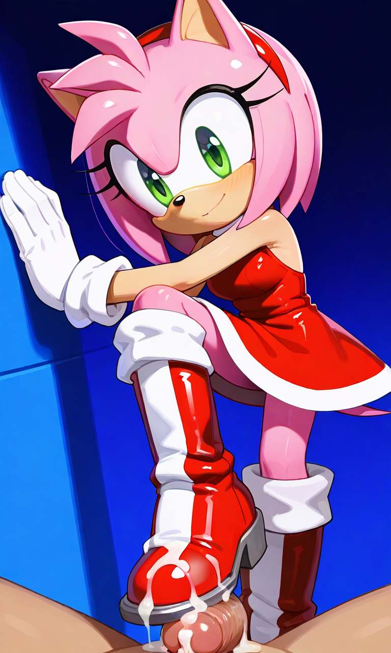 ai_generated amy_rose bootjob cum_on_feet footjob patent_boots pink_body sonic_(series) sonic_the_hedgehog_(series)