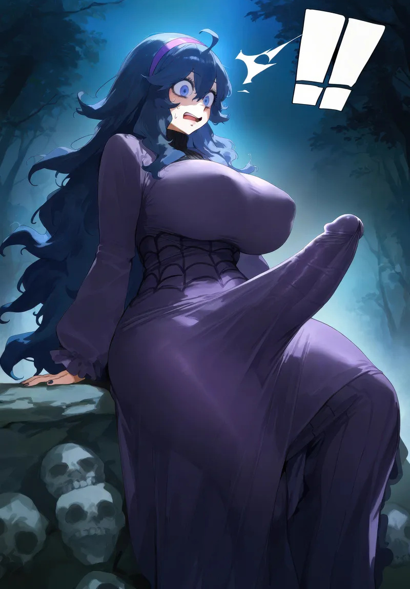 ai_generated bare_thighs big_penis blush bulge bulge_through_clothing embarrassed futa_only futanari game_freak gigantic_breasts gigantic_penis gomzai hairband hex_maniac huge_breasts huge_cock huge_thighs light-skinned_female light_skin long_dress long_hair massive_breasts nintendo penis pokemon pokemon_xy purple_eyes purple_hair squatting sweat sweatdrop thick_body thick_female thick_thighs thighs very_long_hair voluptuous voluptuous_female