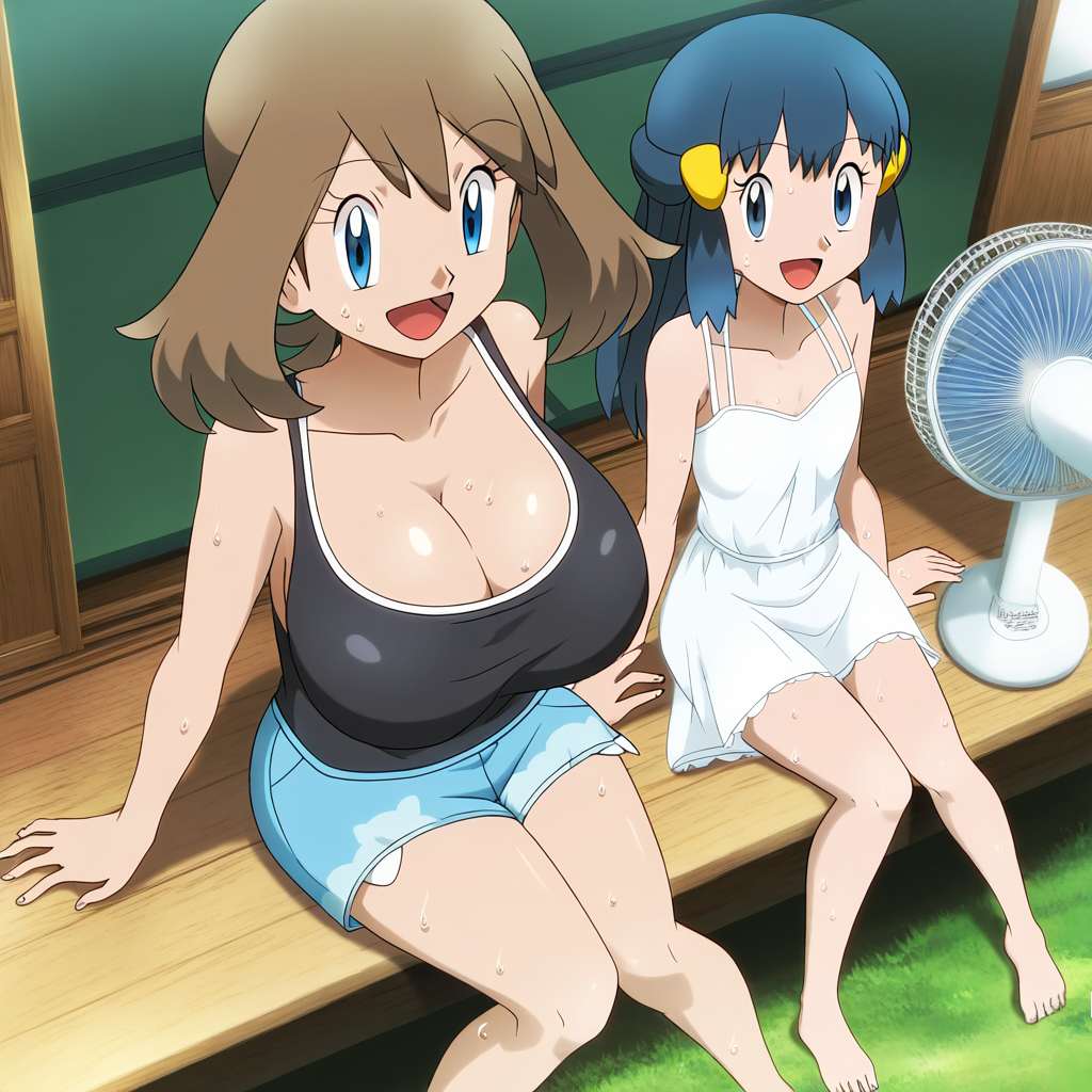 2024 2girls ai_art ai_generated big_breasts blue_eyes blue_hair brown_hair cleavage dawn_(pokemon) fan female female_only flat_chest gamefreak huge_breasts human large_breasts looking_at_viewer may_(pokemon) mayday_(artist) nintendo no_bra pokemon pokemon_(anime) sitting smile sweat tank_top