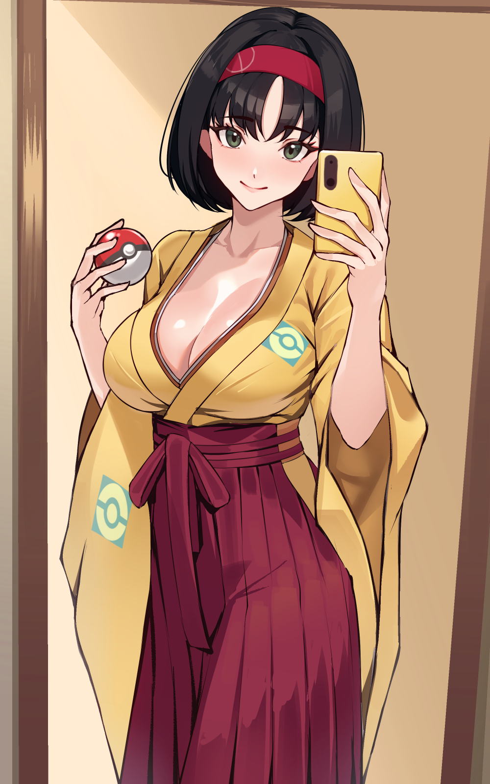 1girls big_breasts black_eyes black_hair breasts cellphone cleavage closed_mouth collarbone creatures_(company) erika_(pokemon) female game_freak hairband hakama highres holding holding_phone holding_poke_ball japanese_clothes kimono looking_at_viewer nintendo phone poke_ball poke_ball_(basic) pokemon pokemon_frlg red_hairband red_hakama short_hair smile solo volyz wide_sleeves yellow_kimono