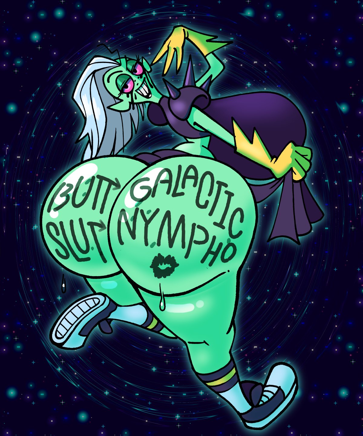 1girls alien alien_girl bottomless disney galactabee gigantic_ass gigantic_breasts green_skin grin huge_ass huge_breasts lipstick_mark lipstick_mark_on_ass looking_at_viewer lord_dominator pointy_ears skirt_lift slut smile smiling smiling_at_viewer solo wander_over_yonder white_hair writing_on_ass writing_on_body