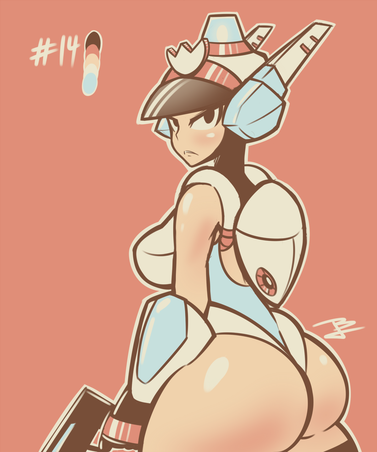 angry, ass, big ass, bizarrejuju, bubble ass, bubble butt, female, gun, helmet, highres, leotard, looking at viewer, mighty switch force, patricia wagon, simple background, solo, standing, wayforward, weapon