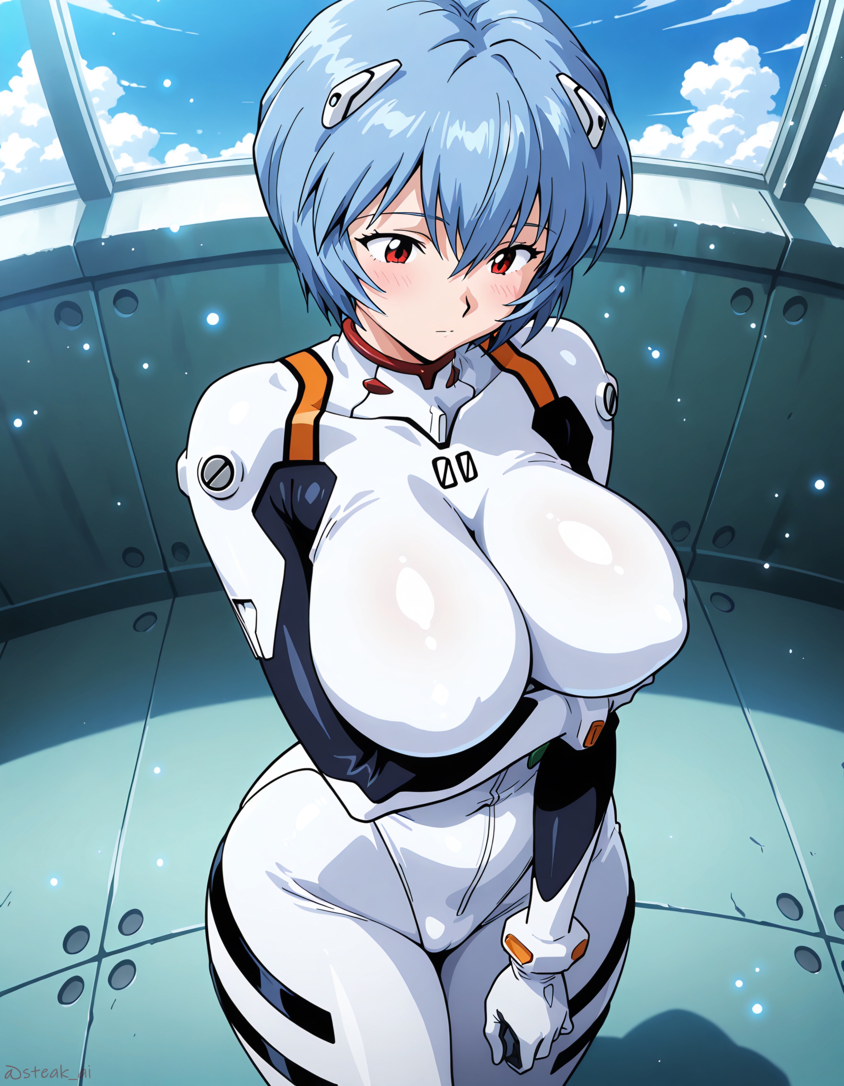 1girls, ai generated, alternate breast size, big breasts, blue hair, breasts, female, huge breasts, large breasts, neon genesis evangelion, rei ayanami, shiny clothes, shiny hair, steak ai, tagme