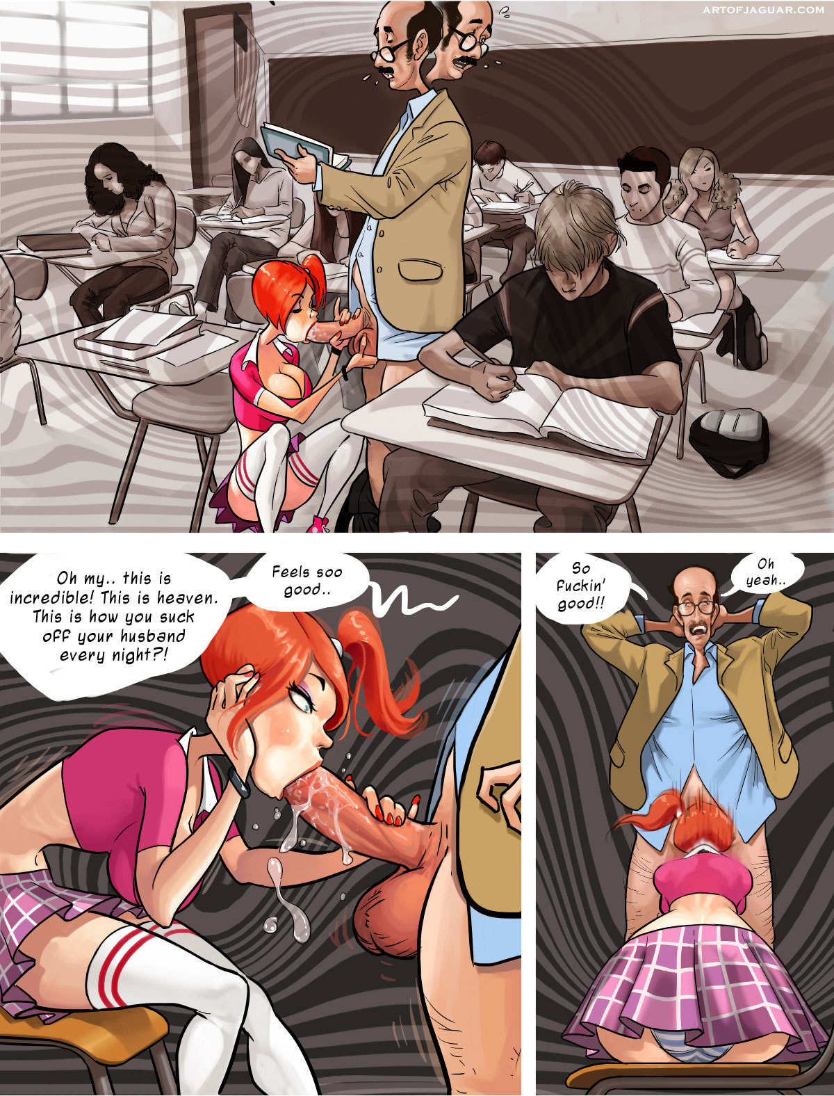 age difference, balls, bottomless, breasts, caressing balls, caressing testicles, cleavage, closed eyes, comic, dialog, eyeshadow, fellatio, female, hair, huge balls, huge cock, jaguar (artist), large breasts, makeup, male, miniskirt, nail polish, oral, orange hair, panties, pants down, penis, revealing clothes, saliva, saliva drip, school, sitting, skimpy, squatting, student, teacher, teacher and student, testicles, text, thighhighs, uncensored