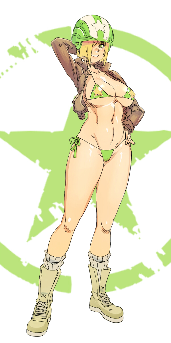 arm behind head, battalion wars, bikini, blonde hair, boots, breasts, brigadier betty, cleavage, female, green bikini, green eyes, hair, hair over one eye, hand on hip, headgear, helmet, jacket, looking at viewer, maniacpaint, navel, nintendo, pose, raised arm, short hair, side-tie bikini, smile, socks, solo, standing, swimsuit