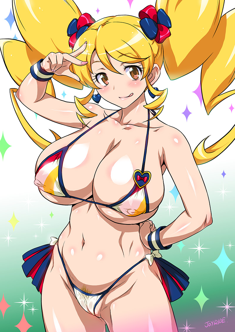 1girls areola bikini blonde_hair bow breasts cleavage cure_honey erect_nipples happinesscharge_precure! huge_breasts joy_ride large_breasts licking_lips magical_girl navel nipples oomori_yuuko plump precure pretty_cure pubic_hair pussy see-through see-through_bikini see-through_swimsuit swimsuit tied_hair tongue tongue_out twintails uncensored yellow_eyes