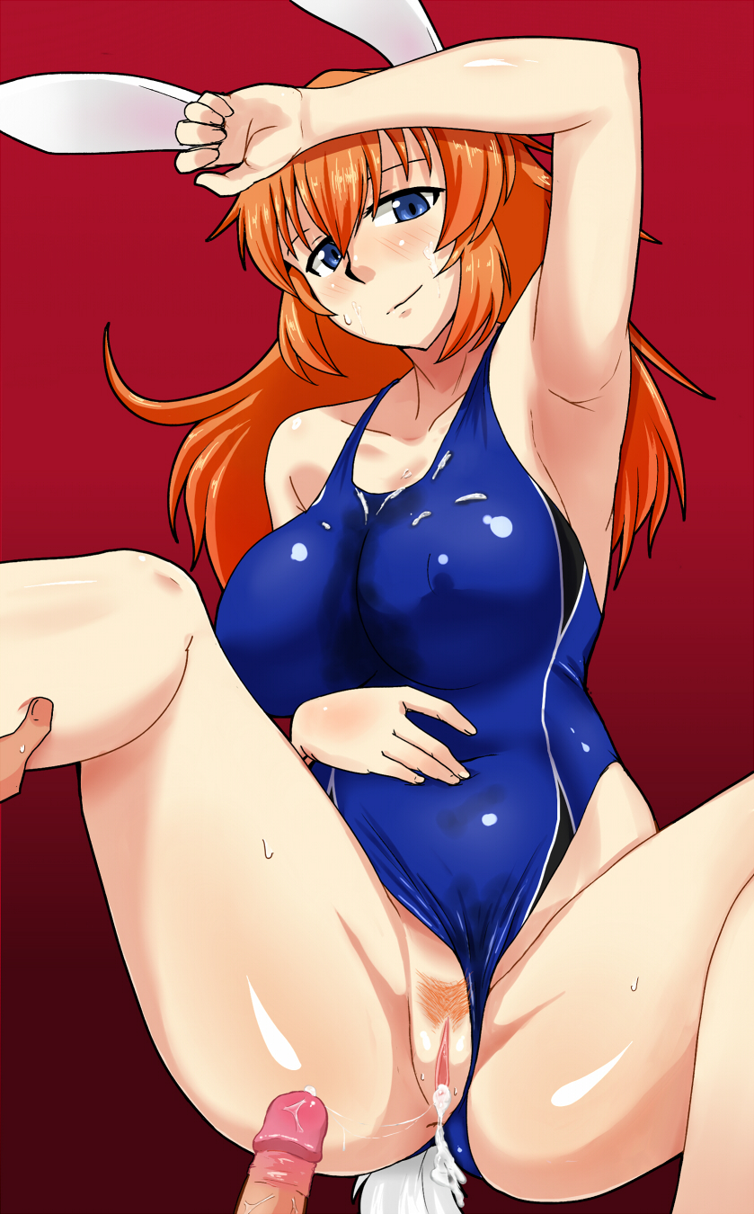 1boy after_sex animal_ears arm_up blush bunny_ears charlotte_e_yeager competition_swimsuit cum cum_in_pussy cum_on_body cum_on_clothes female gradient gradient_background happy haru-same highres large_breasts long_hair looking_at_viewer one-piece_swimsuit orange_hair penis pov pov_eye_contact pubic_hair pussy solo_focus spread_legs strike_witches sweat swimsuit swimsuit_aside tail uncensored