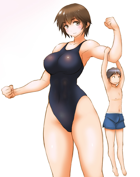 1boy 1girls biku_dai breasts brown_hair bulge female giantess large_breasts male miniboy navel one-piece_swimsuit panah short_hair swimsuit white_background