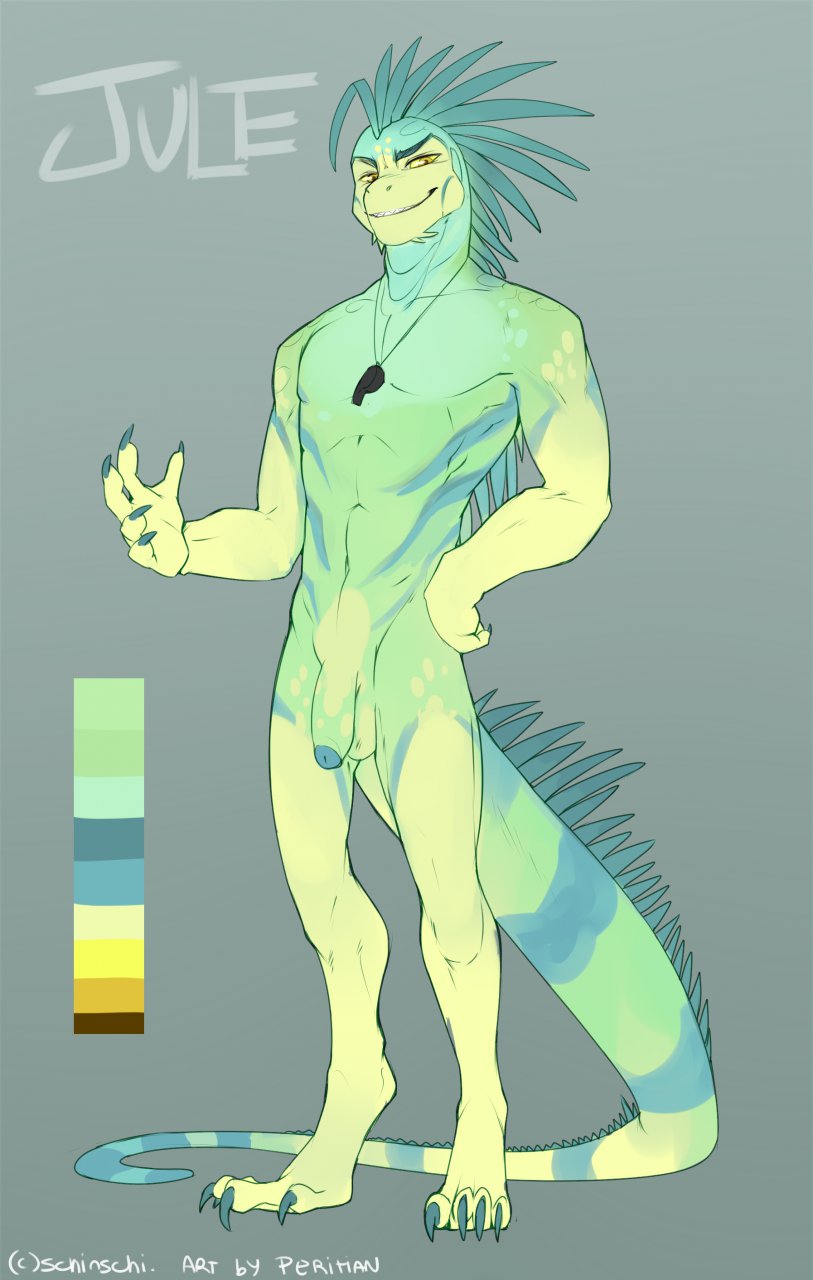 1boy 2014 abs anthro balls claws digitigrade flaccid flat_colors grin hand_on_hip iguana jule jule_(schinschi) lizard male male_only model_sheet muscles penis peritian reptile scalie solo spines whistle