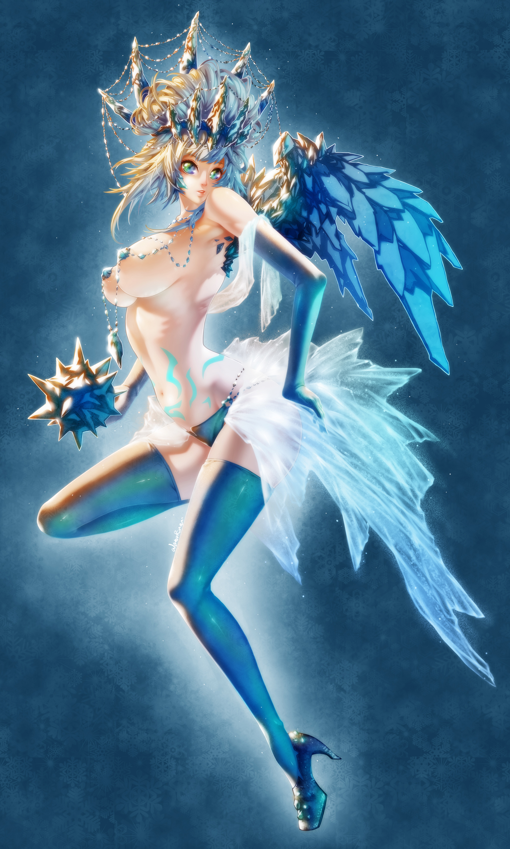 anivia, blue eyes, blue gloves, blue legwear, breasts, elbow gloves, female, female only, gloves, headdress, high heels, highres, humanized, ice, league of legends, leg lift, markings, navel, panties, parted lips, personification, revealing clothes, sash, showgirl skirt, skimpy clothes, snowflakes, solo, stiletto heels, stockings, thighhighs, topless, underwear, waterring, white hair, wings