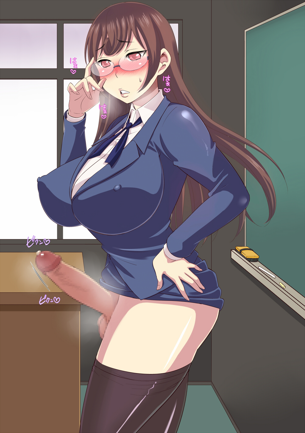balls, black legwear, blazer, blush, bottomless, breasts, brown hair, censored, chalkboard, classroom, erect nipples, erection, female, futanari, glasses, huge breasts, intersex, kumikouj, lips, long hair, nipples, office lady, original, penis, podium, precum, red eyes, skirt, testicles