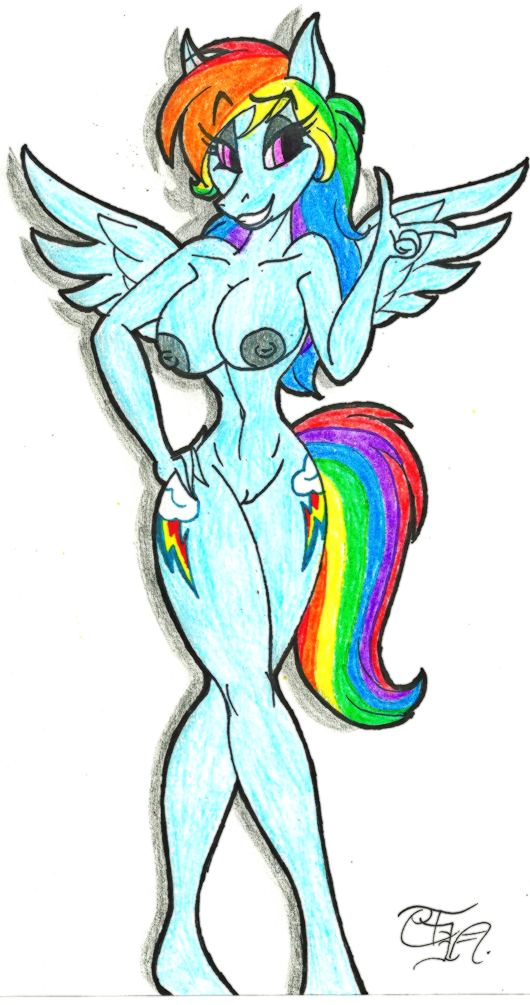 anthro anthrofied breasts equine female friendship_is_magic mammal my_little_pony pointing pussy rainbow_dash_(mlp) smile solo straight_hair toddrogue69 wings