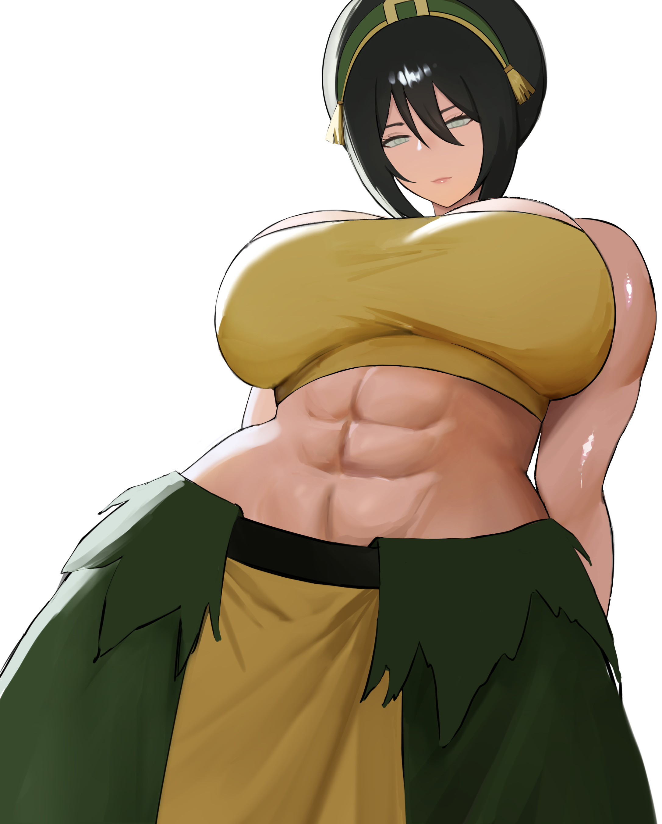 1girls, abs, avatar the last airbender, bare shoulders, big breasts, black hair, breasts, female, female only, grey eyes, huge breasts, linllyn, looking at viewer, muscle, muscular female, navel, nickelodeon, nickelodeon animation studio, pants, short hair, solo, strapless, the legend of aang, toph bei fong, white background
