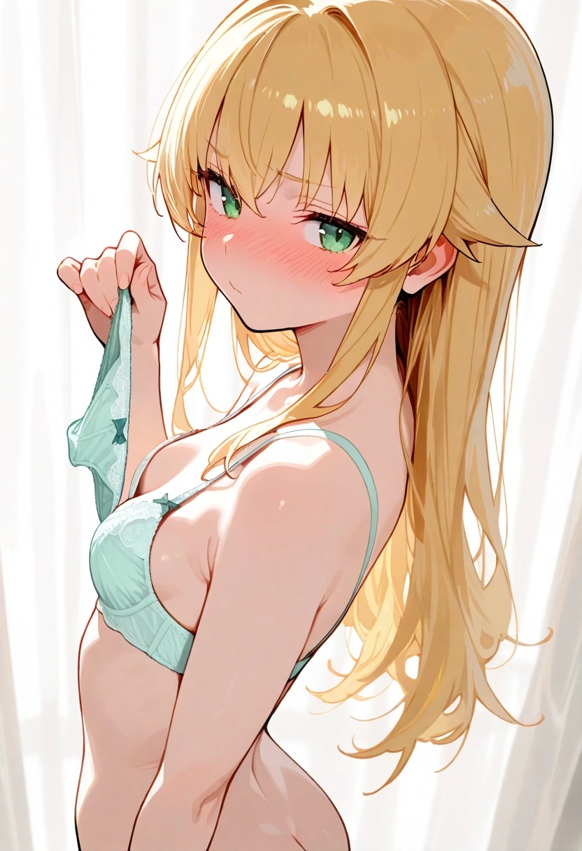 ai generated, angry face, blonde hair, blushing, bra, cute, female, female only, green eyes, holding panties, kilaqqq, long hair, looking at viewer, mushoku tensei, no panties, norn greyrat, panties, slim, small breasts, small butt