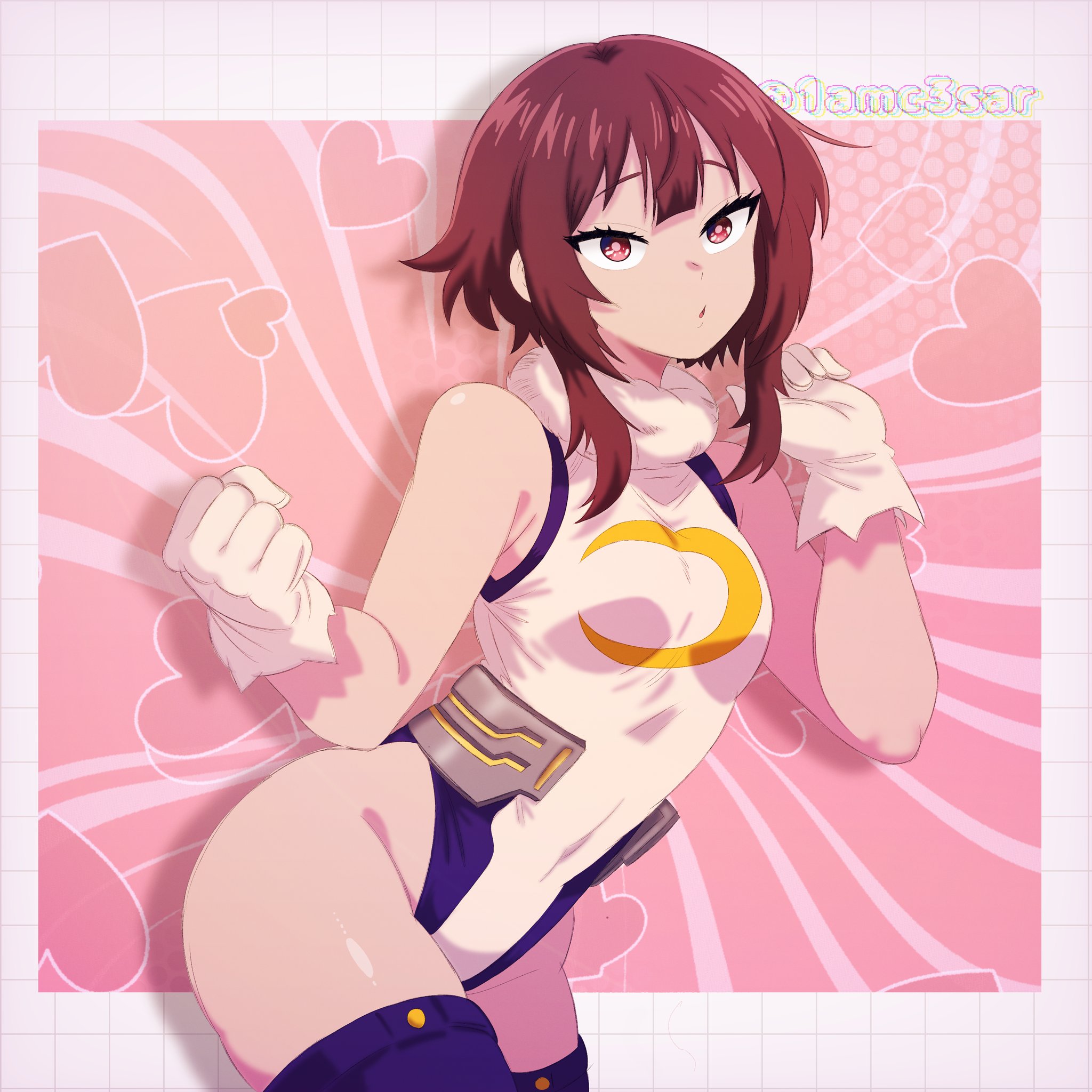 :o, 1:1, 1am c3sar, 1girl, 1girls, ass, bare shoulders, brown hair, cosplay, covered navel, female, female only, gloves, highleg, highleg leotard, highres, kono subarashii sekai ni shukufuku wo!, leotard, megumin, mirko, mirko (cosplay), miruko (cosplay), my hero academia, open mouth, red eyes, short hair, short hair with long locks, solo, thighs, twitter username, white gloves, white leotard