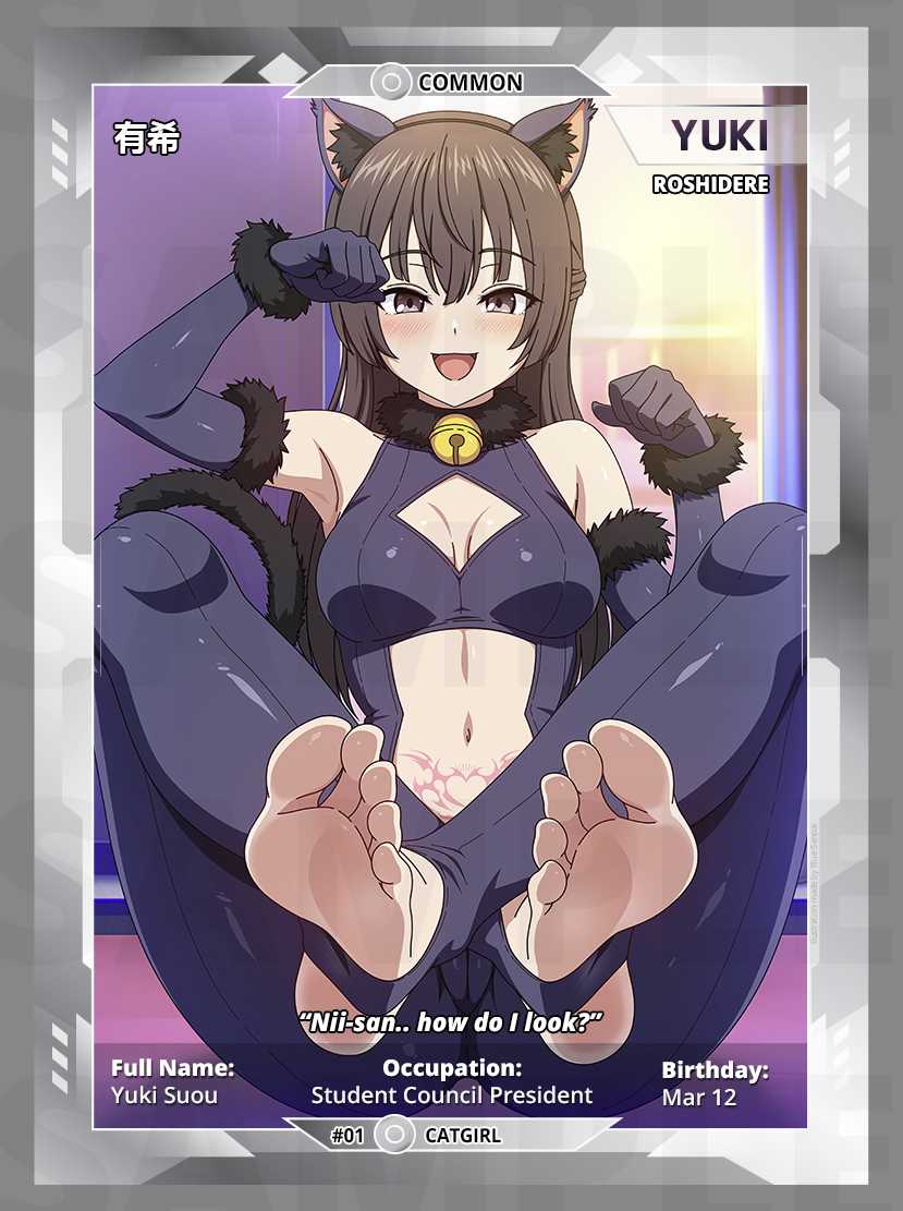 1girls, belly tattoo, blue-senpai, card (medium), cat girl, english text, feet, feet focus, female, female only, foot fetish, foot focus, light-skinned female, soles, suou yuki, text, toes, tokidoki bosotto russian de dereru tonari no alya-san