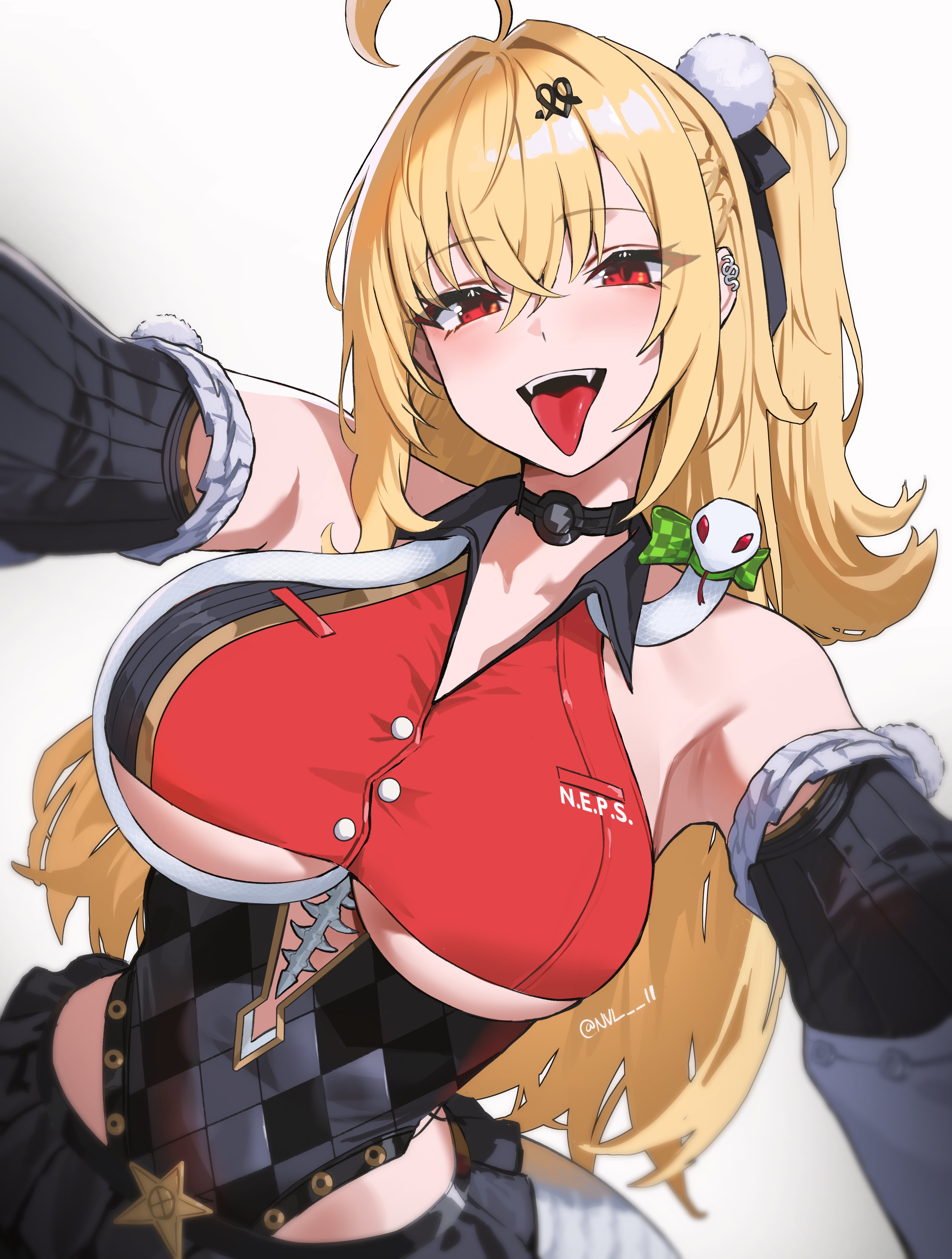 1girl, absurdres, ahoge, arm warmers, bare shoulders, black arm warmers, black skirt, blonde hair, breasts, cissia (zenless zone zero), commentary, female, female only, highres, large breasts, leotard, long hair, looking at viewer, multicolored leotard, nvl, pov, red eyes, shock collar, simple background, skirt, snake, snake girl, solo, tongue, two-tone leotard, underboob, very long hair, white background, white snake, zenless zone zero