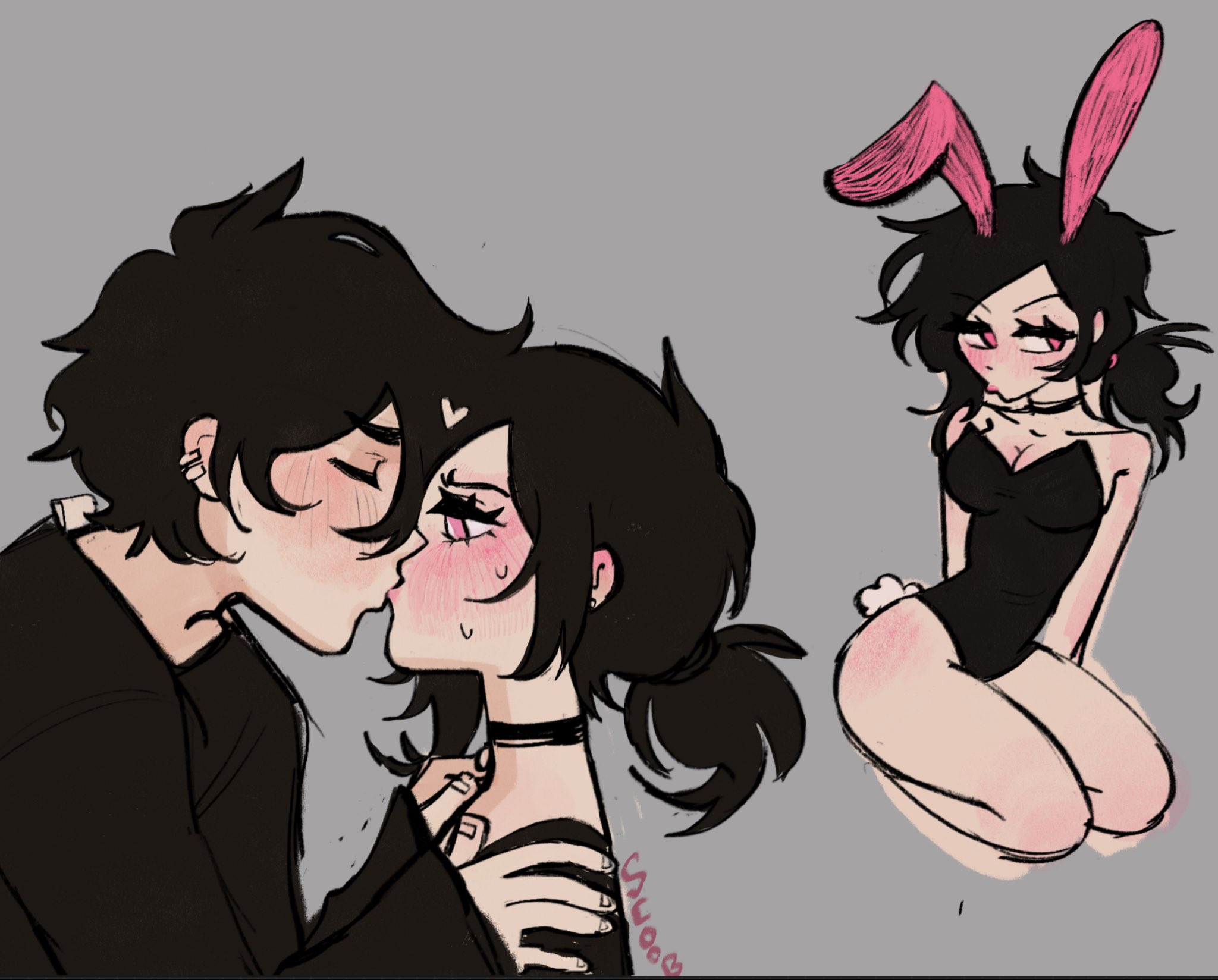 1boy, 1girls, 2d, andrew graves, ashley graves, blush, breasts, brother and sister, bunny ears, bunny girl, bunny tail, bunnysuit, choker, cleavage, closed eyes, clothed, female, heart, incest, kissing, male, pink eyes, ponytail, scooub, siblings, straight, the coffin of andy and leyley