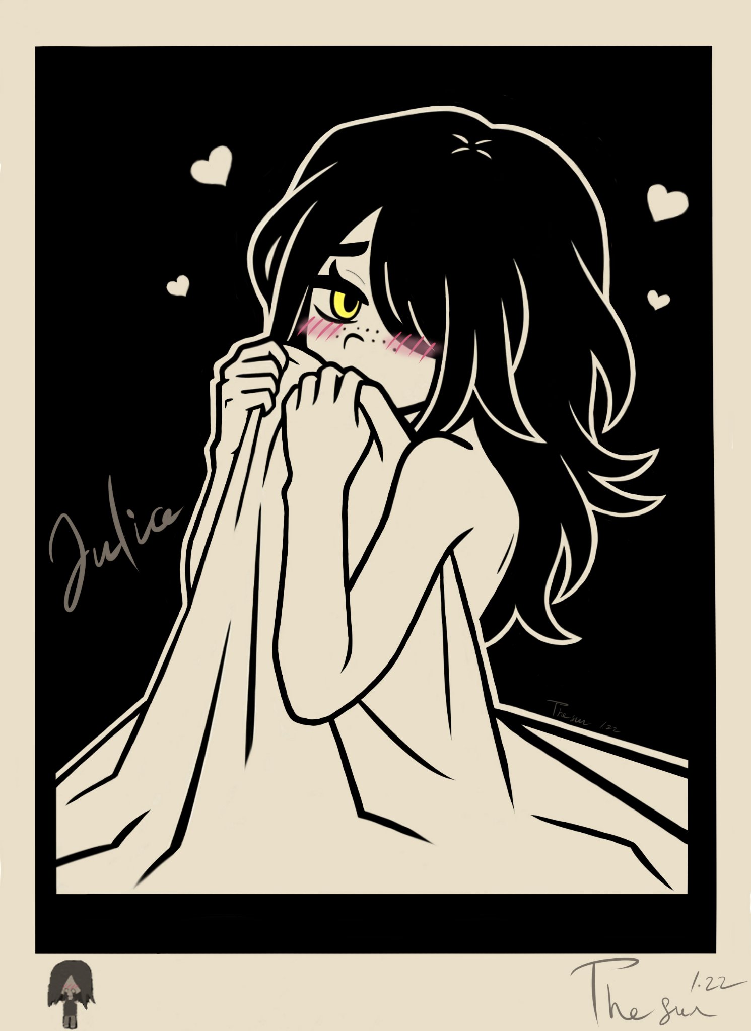 1girls, bare shoulders, bed, blanket, blush, covering, cute, female, female focus, female only, freckles, imminent sex, julia (the coffin of andy and leyley), light-skinned female, lila moss, looking at viewer, shy, the coffin of andy and leyley, the sun
