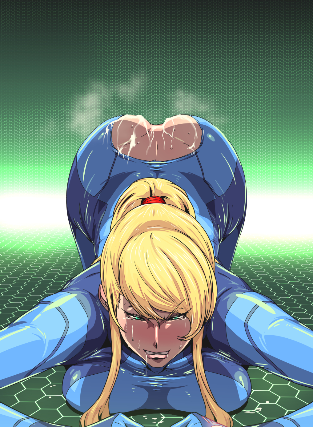 1girls after_sex angry ass bent_over blonde_hair blush bodysuit breast_press breasts broken_rape_victim clenched_teeth cum cum_on_lower_body drooling female female_only green_eyes gureko_rouman highres human large_breasts long_hair looking_away metroid nintendo no_panties ponytail saliva samus_aran simple_background solo sweat tears tied_hair top-down_bottom-up torn_clothes zero_suit zero_suit_samus