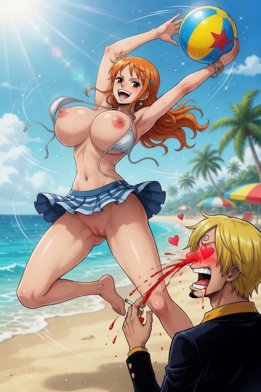 1boy, 1girls, 2026, 2d, accurate art style, ai generated, aistuffo, beach, beach ball, belly, belly button, bikini, blonde hair, blonde-haired male, bloody nose, breasts, breasts out, brown eyes, clothing, feet, female, hips, huge breasts, legs, long hair, male, nami (one piece), nipples, nipples outside, no panties, nude, one piece, orange hair, orange-haired female, pussy, revealing clothes, sanji (one piece), semi nude, skirt, thighs, uncensored, uncensored vagina, vagina, vinsmoke sanji, waist