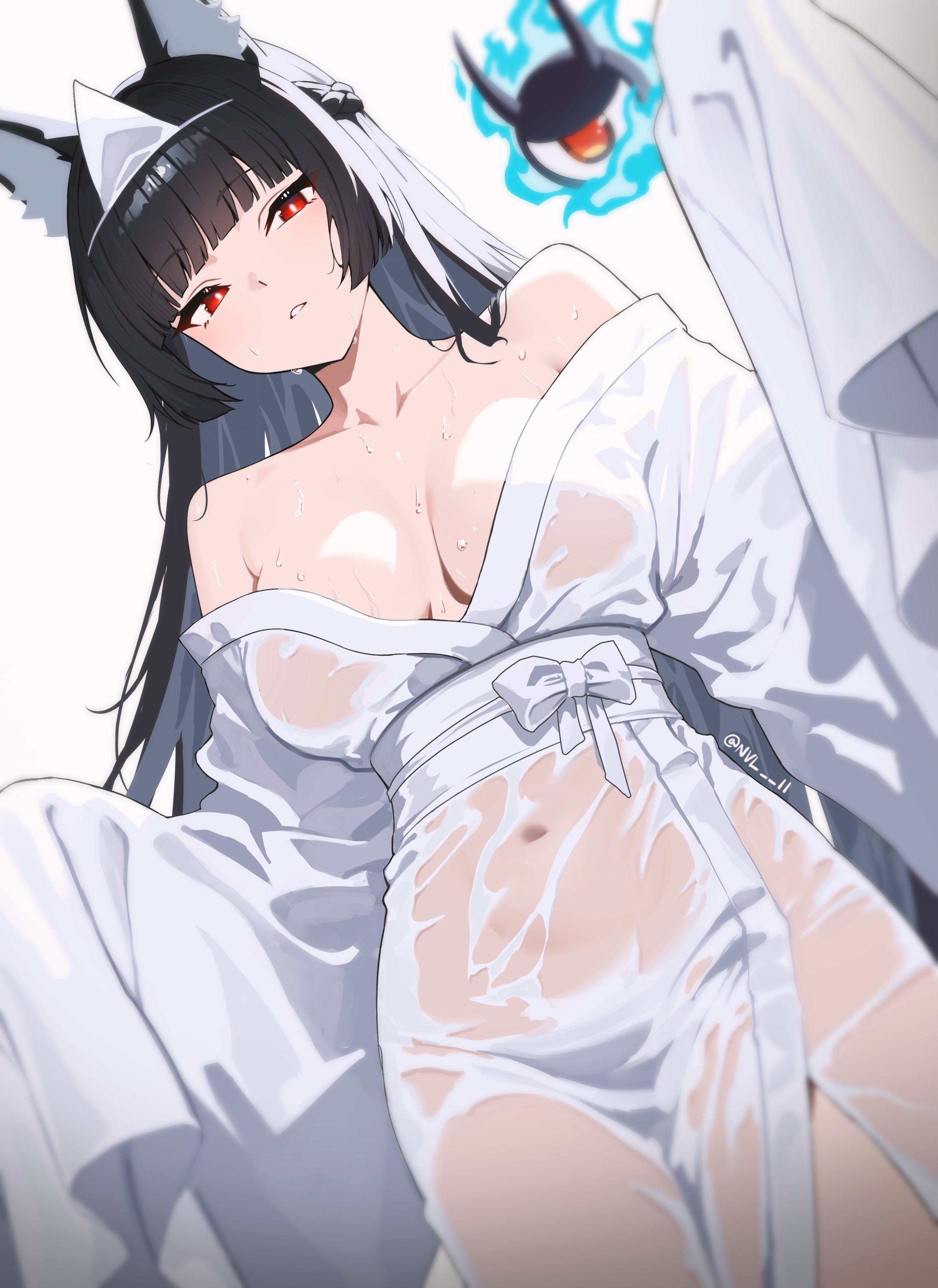 1girl, absurdres, animal ear fluff, animal ears, black hair, blunt bangs, braid, breasts, breasts apart, collarbone, commentary, female, female only, fox ears, fox girl, from below, grey background, half up braid, halloween costume, hands up, highres, hoshimi miyabi, large breasts, long hair, long sleeves, looking at viewer, looking down, navel, nvl, off shoulder, parted lips, red eyes, robe, simple background, solo, tailless (zenless zone zero), wet, white robe, zenless zone zero