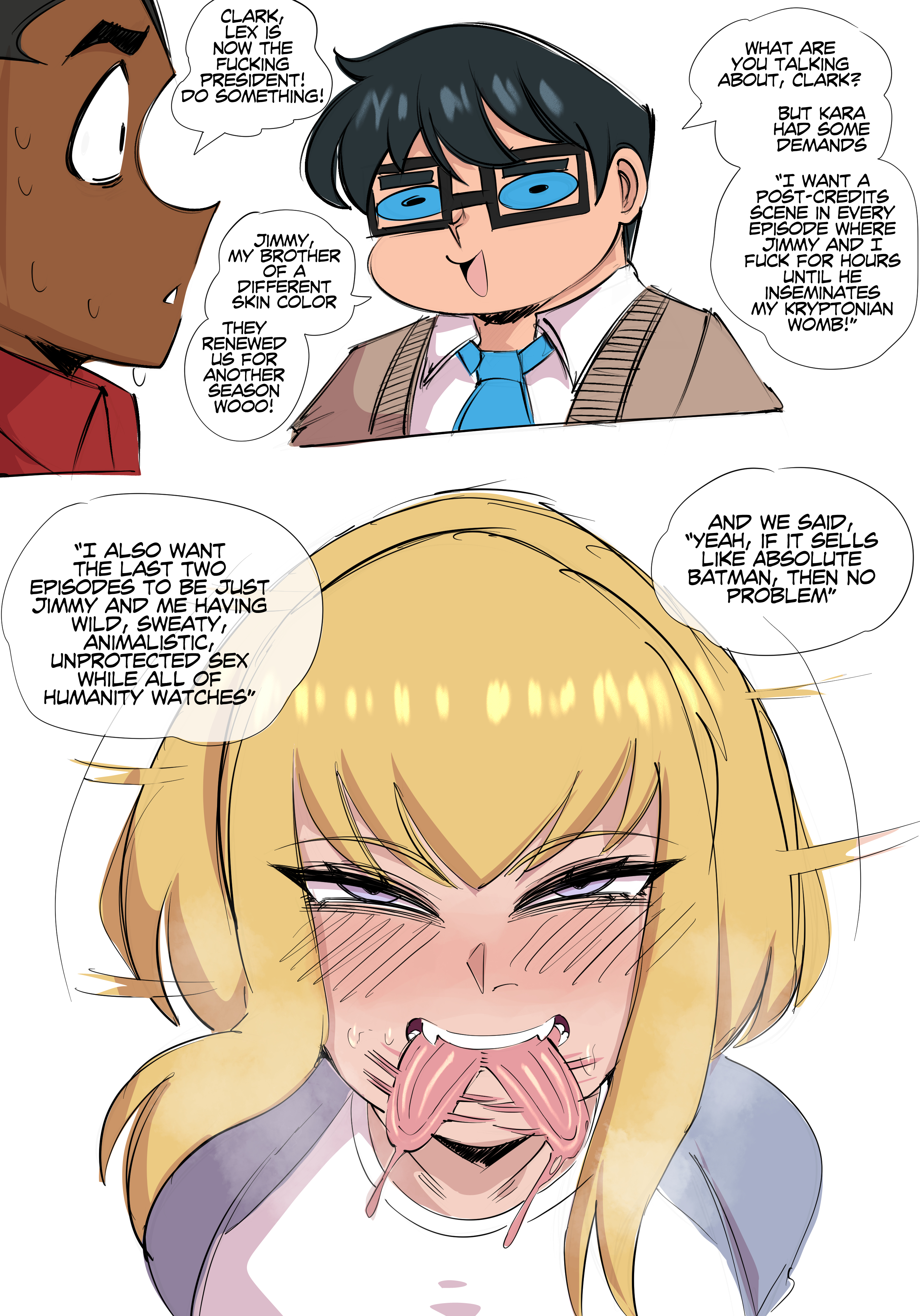 1girls, 2026, 2boys, absurd res, black hair, blonde hair, blue eyes, blush, clark kent, clark kent (my adventures with superman), dark skin, dark-skinned male, dc, dc comics, dialogue, english text, eyelashes, female, funny, glasses, heavy blush, impregnation request, jimmy olsen, jimmy olsen (my adventures with superman), kara zor-el, light skin, light-skinned female, light-skinned male, looking at viewer, lucky bastard, male, my adventures with superman, narrowed eyes, naughty face, purple eyes, saltyxodium, smiling, smiling at viewer, speech bubble, supergirl, supergirl (my adventures with superman), superman (series), tongue out, white background