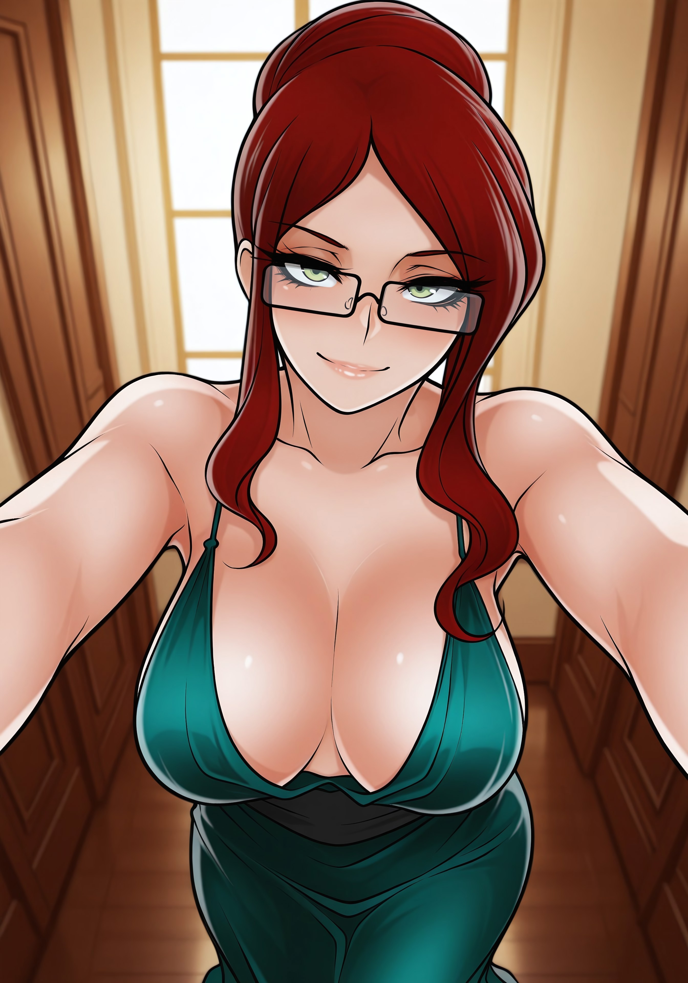 ai generated, ai jago dibuja, arms around neck, arms around partner, arms around viewer, bedroom eyes, breasts, dress, evening gown, female, female focus, female only, fully clothed, glasses, glasses on face, green eyes, hair bun, hair up, haurbun, high-angle view, large breasts, living with hipstergirl and gamergirl, looking at viewer, plunging neckline, pov, red hair, safe for work, seductive, seductive look, seductive smile, smile, smile at viewer, sophie (living with hipstergirl and gamergirl)
